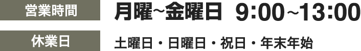 営業時間 月曜～金曜日 9:00～13:00　休業日 土曜日・日曜日・祝日・年末年始